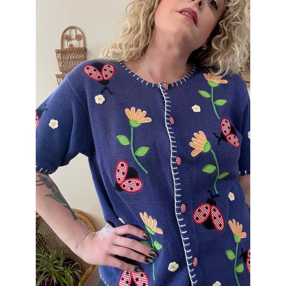 90s/Y2K Short Sleeve Ladybug Cardigan size XL - Picture 4 of 7